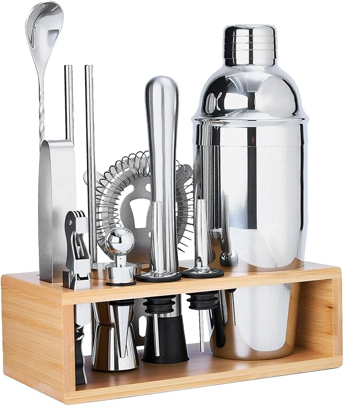 TNGO Cocktail Shaker Set Bartender Kit - Mixology Bar Kit with Natural Stand - Premium Home Bar Tool Set All Bar Accessories Includes Drink Mixer, Muddler, Jigger, Strainer, Bar Mixer Spoon