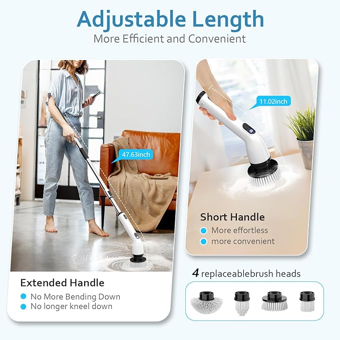 TUYU Electric Spin Scrubber, Full-Body IPX7 Waterproof Bathroom Scrubber with Power LCD Display, 8 Replacement Head, Adjustable Extension Handle, Cordless Shower Cleaner Brush for Bathtub Cleaning