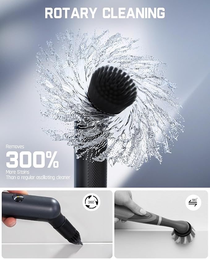 Fanttik G9 Nano Cordless Spin Scrubber with NeoPulse Motor, IPX7 Waterproof Grout Brush, 8 Replaceable Heads & LED Display for Cleaning Bathroom, Tile, Corners - Black