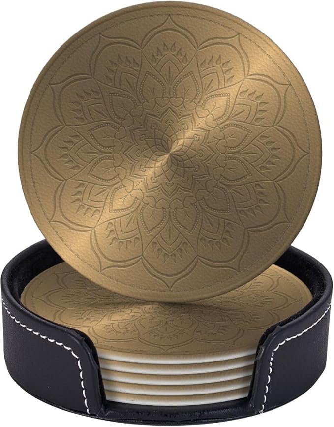 Drink Coasters with Holder Stand Set of 6, Mandala Rosette Engraving Pu Leather