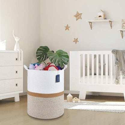COMSE Extra Large Blanket Basket, Tall Woven Storage Basket, Nursery Hamper, 15.7”x 21.7”, Cotton Rope Laundry Hamper for Toys Clothes Towels, Blend White/Camel