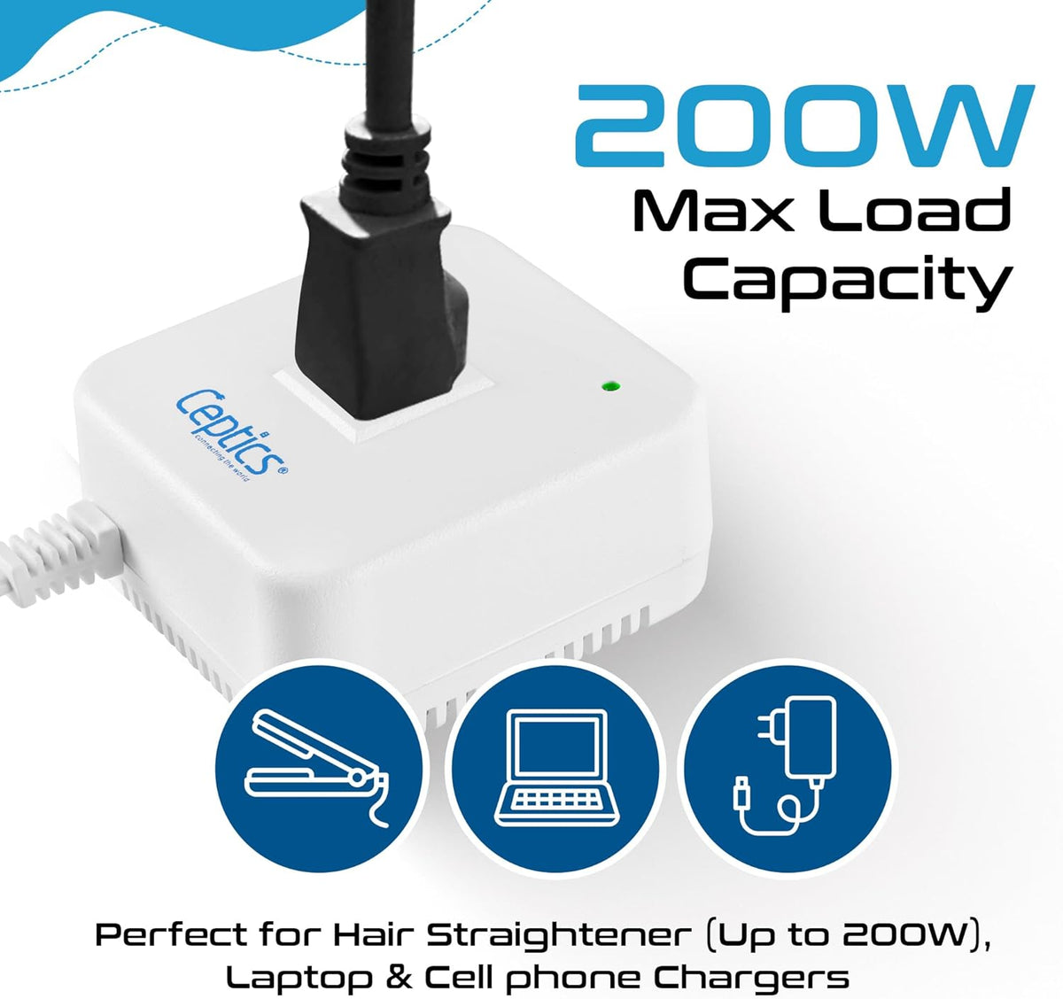 Ceptics 200 Watt Step Down Voltage Converter – Converts 220V/240V to 110V/120V – Ideal for Hair Straighteners, Laptops, and Chargers – CE Certified Travel Voltage Converter