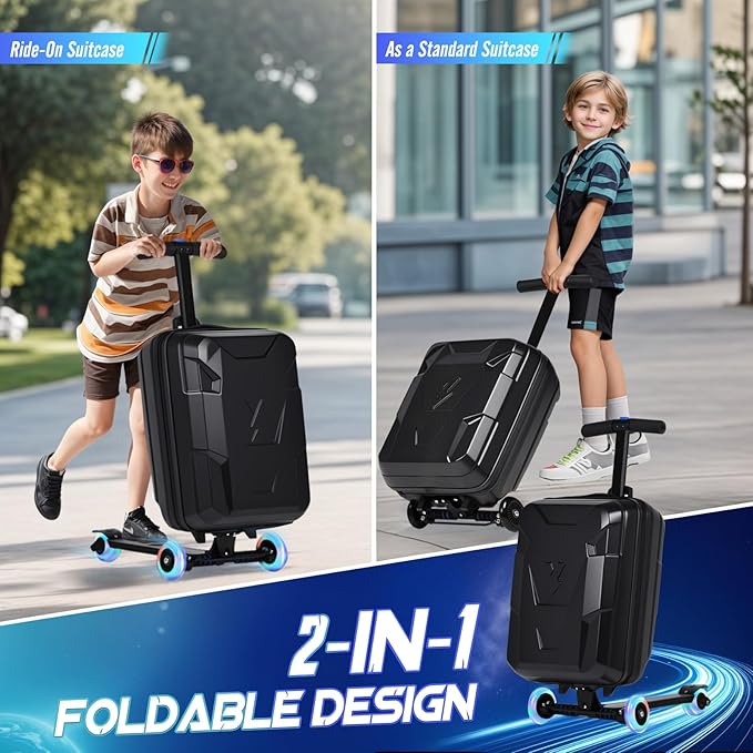 smilesun Scooter Suitcase for Kids & Adults, Foldable Carry On Travel Luggage, Hardside Ride on Scooter Suitcase with LED Light up Wheels，Black