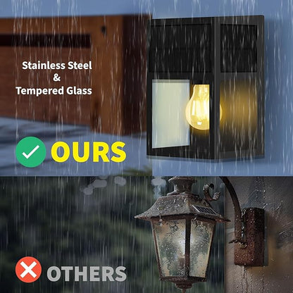 Outdoor Solar Wall Lights, High Brightness Waterproof Lanterns, Porch LED with Stainless-Steel & Tempered Glass, Black Sconce for Door Entryway, Garage, Patio, Yard, Warm White 2Pk