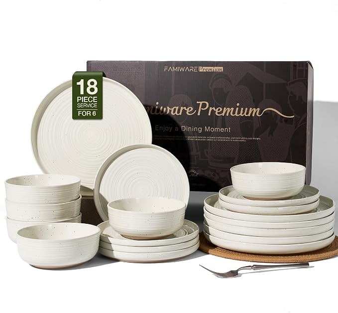 Stoneware Dinnerware Sets for 6, Plates and Bowls, Cream | 18-Piece Ceramic