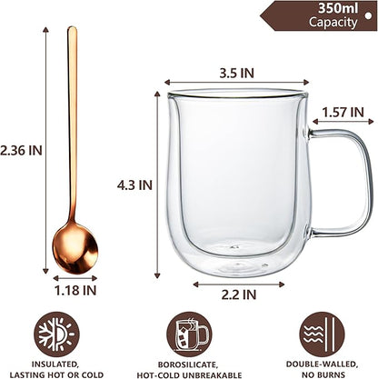 Double Walled Glass Coffee Mugs 12 OZ, Borosilicate Glass Coffee Cups Set of 2 with Spoons, Insulated Clear Coffee Mug for Hot Beverages, Cappuccino, Latte, Tea Bag.