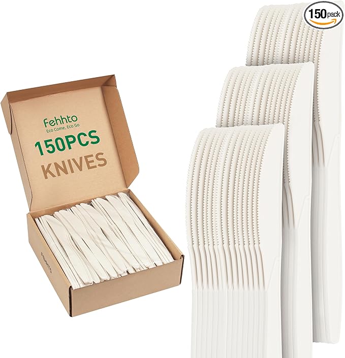 100% Compostable Knives, 7.7" 150pcs Large Disposable Cornstarch Cutlery Heavy Duty Eco-Friendly Utensils Durable and BPI-Certified Party Supplies No Plastic, Ivory White