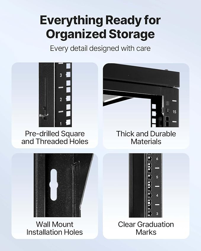 VEVOR 15U Open Frame Server Rack, Free Standing or Wall Mount Rack with 180 Degrees Gate Swing, Network Rack for 19" IT Equipment & A/V Devices