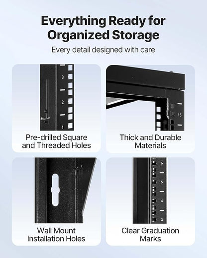 VEVOR 15U Open Frame Server Rack, Free Standing or Wall Mount Rack with 180 Degrees Gate Swing, Network Rack for 19" IT Equipment & A/V Devices