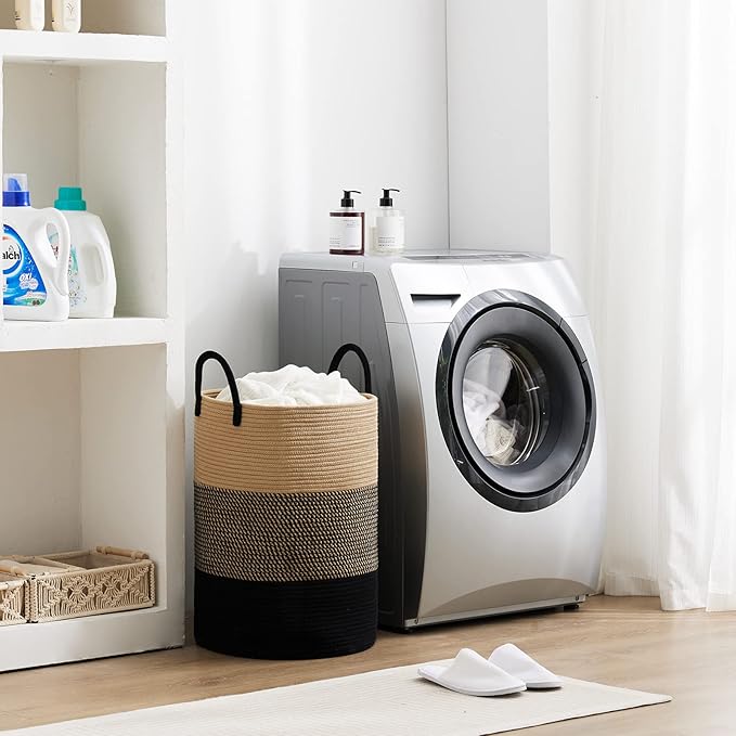 Fiona's magic 72L Large Woven Laundry Hamper, Tall Cotton Rope Storage Basket, Jute Baby Nursery Hamper for Blankets, Toys and Clothes in Bedroom and Living Room Organizing, Brown & Black