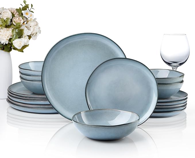 HaWare Plates and Bowls Set, Stoneware Dinnerware Sets, 18-Piece Hand-painted Dishware for 6, Ceramic Dinner Set for Home Kitchen, Scratch Resistant, Microwave and Dishwasher Safe, Reactive Foggy Blue