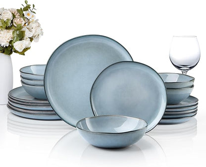 HaWare Plates and Bowls Set, Stoneware Dinnerware Sets, 18-Piece Hand-painted Dishware for 6, Ceramic Dinner Set for Home Kitchen, Scratch Resistant, Microwave and Dishwasher Safe, Reactive Foggy Blue