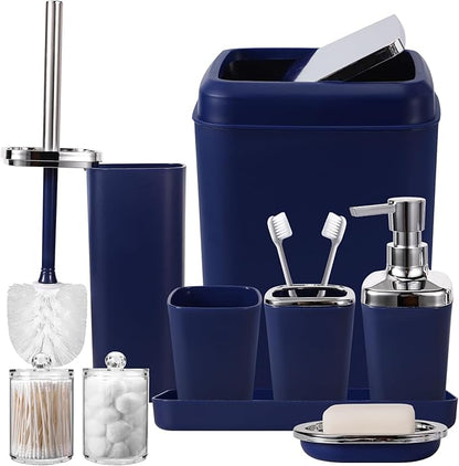Navy Blue Bathroom Accessories Set, 9-Piece Plastic Gift Set with Trash Can, Toothbrush Holder, Toothbrush Cup, Soap Dispenser, Soap Dish, Toilet Brush Holder,2 Qtip Holder Dispensers and Tray