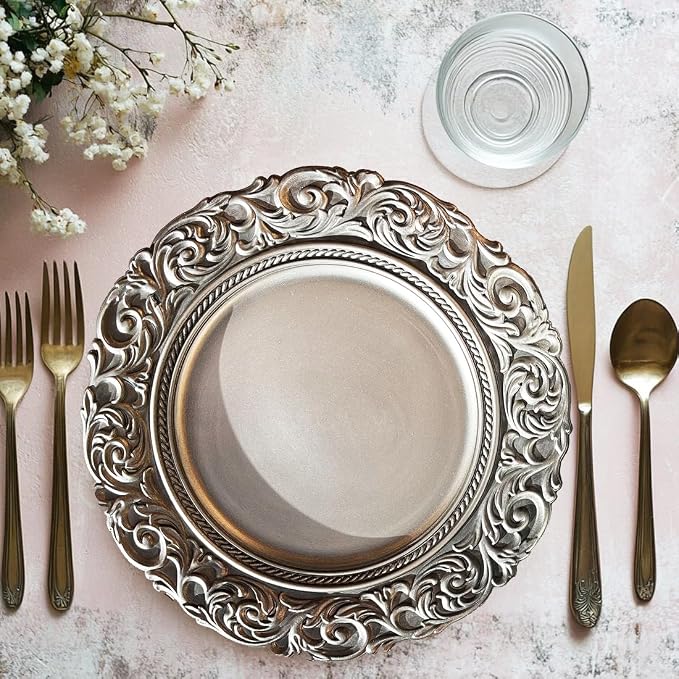 Antique Silver Charger Plates Embossed Rim, 13 Inch Dinner Plate Chargers Round