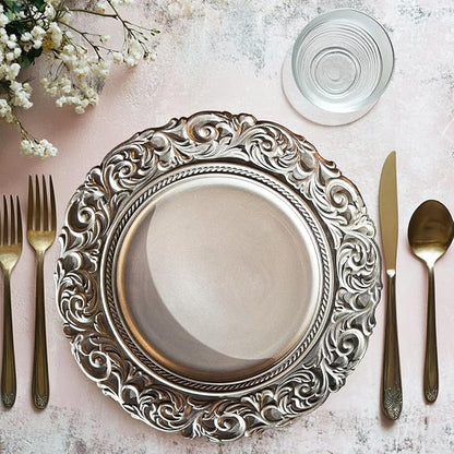 Antique Silver Charger Plates Embossed Rim, 13 Inch Dinner Plate Chargers Round