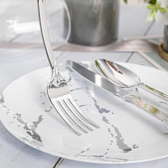 N9R 300PCS Silver Plastic Silverware, Heavy Duty Plastic Cutlery for Parties, Fancy Disposable Flatware Set Includes 100 Forks, 100 Spoons, and 100 Knives, Perfect for Weddings, Dinners, Picnics