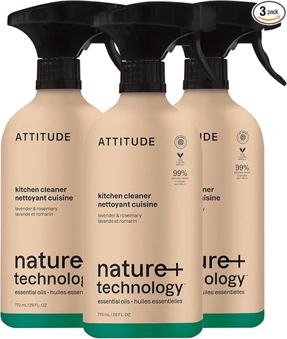 ATTITUDE Kitchen Cleaner Spray, Natural Origin Ingredients, EWG Verified, Cleans and Degreases, Streak-Less, Lavender & Rosemary, 26 Fl Oz (Pack of 3)
