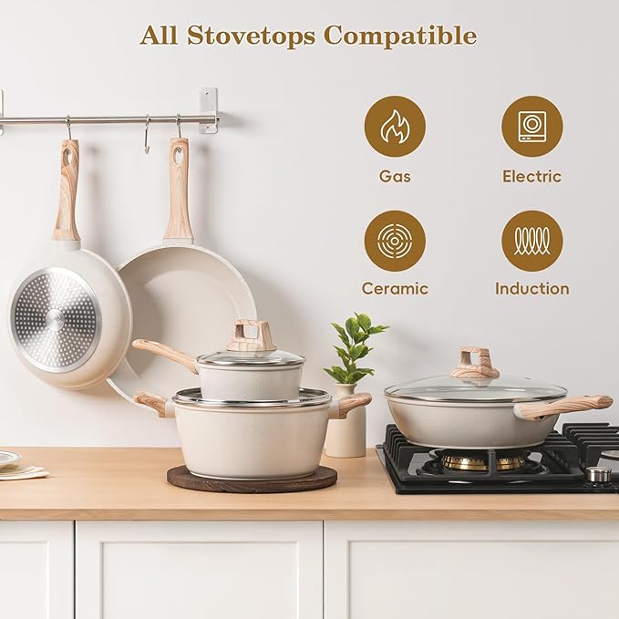 12 Pcs Pots and Pans Set, Nonstick Cookware Sets White Granite Induction Cookware, Non-toxic Healthy Non Stick Kitchen Cooking Set with Frying Pans Set, Saucepans,Steamer (PFAS, PFOA, PFOS Free)