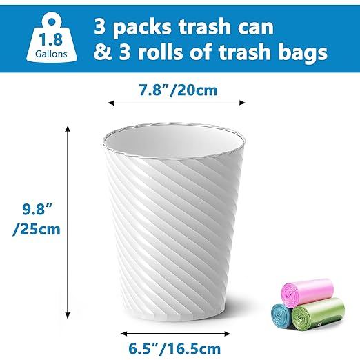 Bathroom Trash Can, 8 Pack 1.8 Gallons Small Trash Can with Trash Bags, Bathroom Garbage Can, Plastic Trash Bin, Round Waste Basket for Bedroom, Office, Kitchen, Room, Compact Space (White)