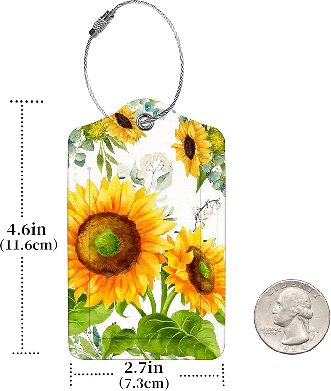 2 Pcs Luggage Tags for Suitcases, PU Leather Cruise Ship Luggage Tags with Privacy Cover Label Address Card and Durable Metal Ring Suitable for Men Women Children Handbags Backpacks,Sunflower