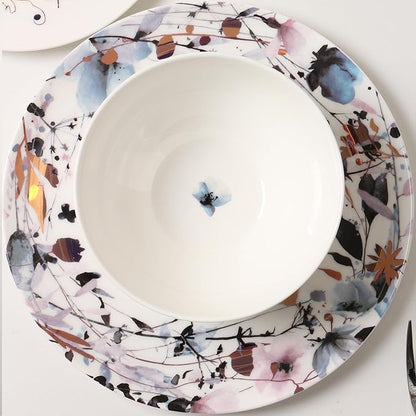 KOKEN Blue Dragonfly Ceramic Dinnerware Set - 4 Piece Plates and Bowls, Microwave Safe