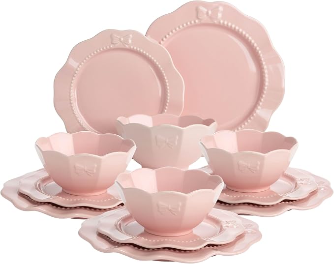 Paris Hilton 12-Piece Dinnerware Set, Embossed Bow Design, Iconic Ceramic