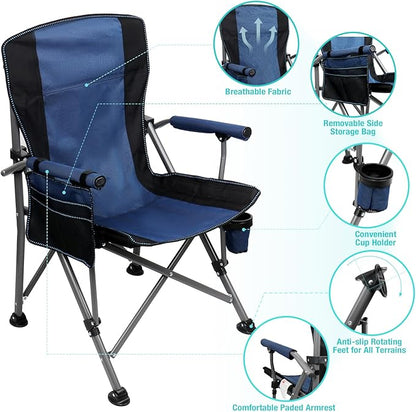 Camping Chair for Adults Heavy Duty Outdoor Patio Lawn Chairs Portable Support 350 LBS High Back Padded Oxford with Armrests, Storage Bag, Cup Holder, for Outside Fishing, Camping, Foldable