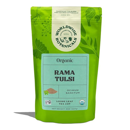 Worldwide Botanicals Organic Holy Basil Tea, 8oz - Tulsi Rama - Loose Leaf Premium Herbal Tea, 100% Pure Tulsi Holy Basil, Fair Trade, Adaptogenic, Kosher