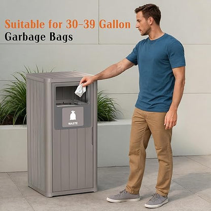 Outdoor Single Barrel Trash Can,Waterproof Resin Garbage Can with Garbage Labels,Durable Waste Bin for Porch, Backyard,Kitchen,for 30 to 39 Gallon Trash Bags