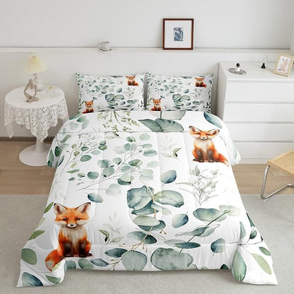 Erosebridal Girls Cartoon Animal Queen Size Comforter Set for Kids Toddler Kawaii Fox Bedding Set, Woodland Wildlife Down Comforter Jungle Wild Fox Bed Set, Botanical Green Eucalyptus Quilted Duvet
