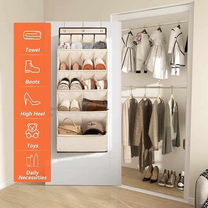 FENTEC 1 Pack Over the Door Shoe Organizers, Hanging Shoe Organizer with Large Deep Pocket Shoe Holder for Closet Shoe Rack for Wall, Over Door Shoe Storage Hold up to 18 Pairs Shoe, Beige