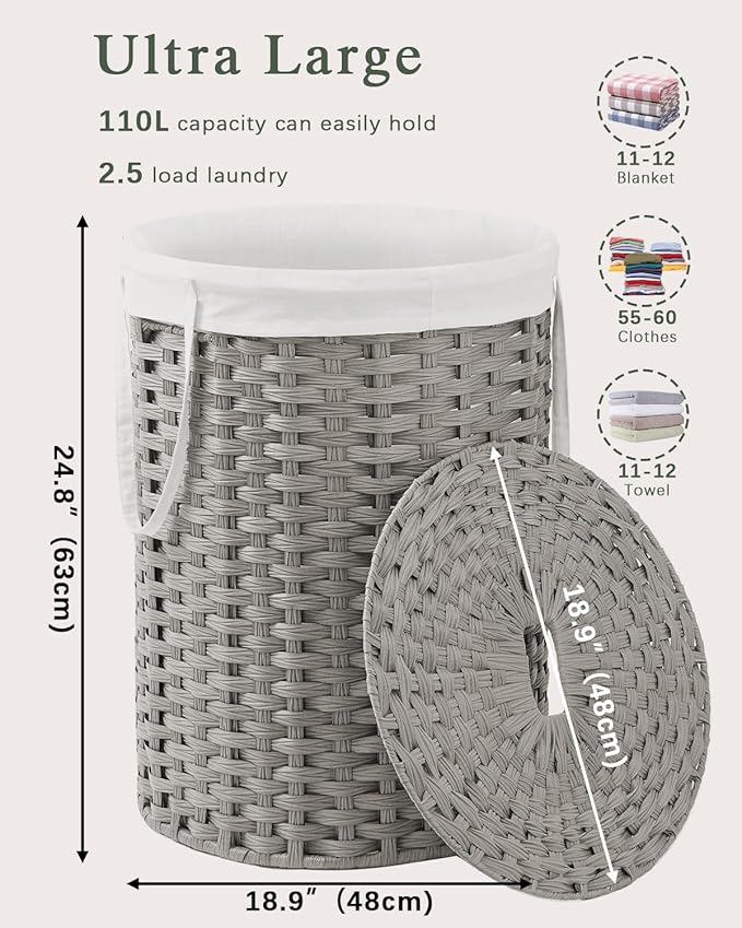 Laundry Basket with Lid Round Rattan Laundry Hamper with Lid and Handles 29.1 Gal (110 L) Handwoven Woven Basket with Removable Bags and 2 Mesh Bags for Bathroom Living Room Gray