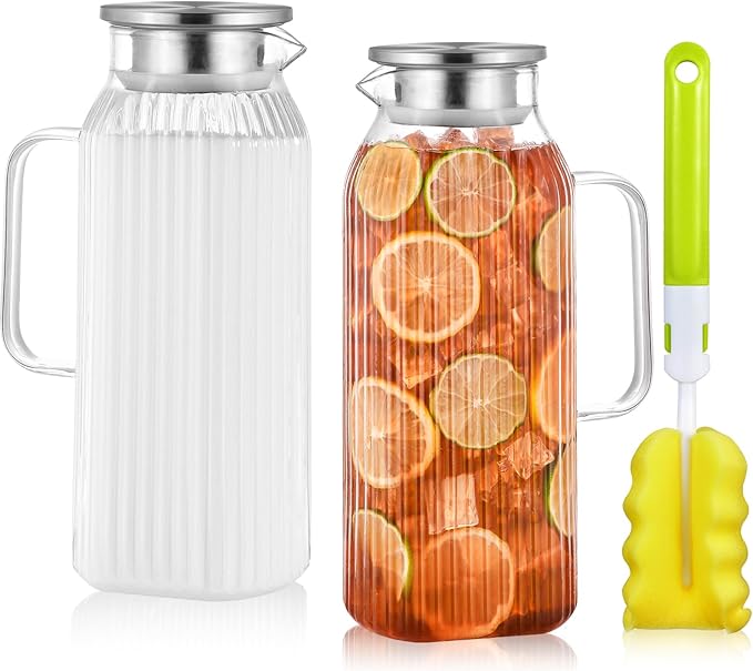 2 Liters/68oz 2 Pack Stripes Glass Pitcher with Lid and Handle for Fridge Door, Aofmee Borosilicate Glass Heat Resistant Dishwasher Safe Iced Tea Jar, Carafe with Scale Line for Hot/Cold Beverage