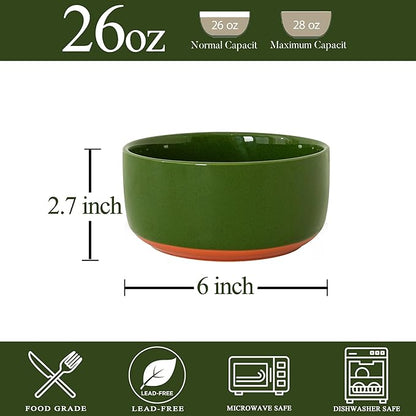 Stoneware Cereal and Soup Bowls Set of 4, 6-Inch Dual Glaze Ceramic Bowls for Breakfast & Oatmeal, Microwave and Dishwasher Safe, Forest Glaze Green