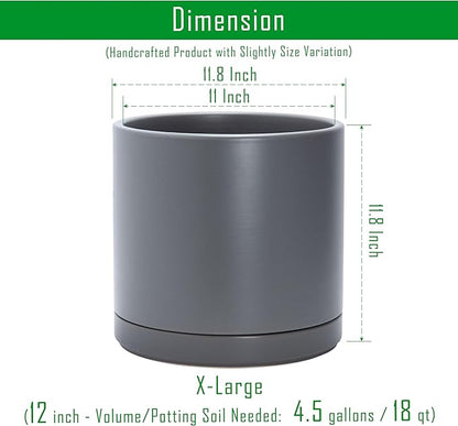 D'vine Dev 12 Inch Ceramic Planter Pot with Drainage Hole and Saucer, Indoor Cylinder Round Planter Pot, Speckled Grey, 94-O-F-3