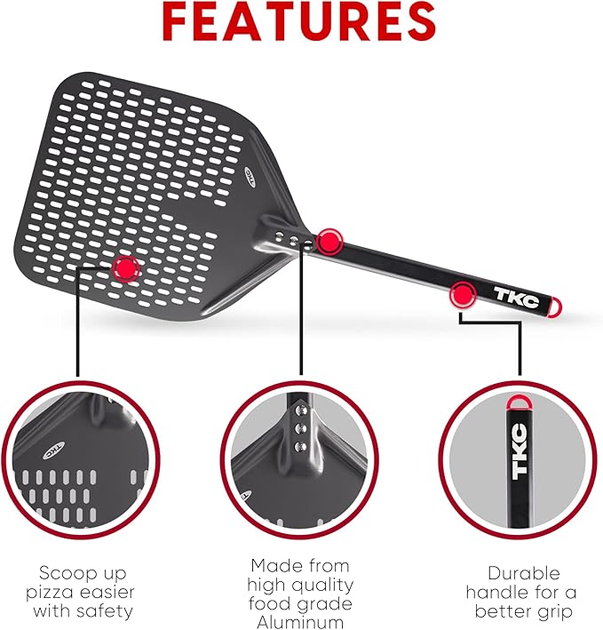 TKC Perforated Pizza Peel - 12" Metal Pizza Turner compatible with Ooni Ovens, Indoor & Outdoor Use, Durable and Heat-Resistant Handle, Lightweight Pizza Spatula (Black)