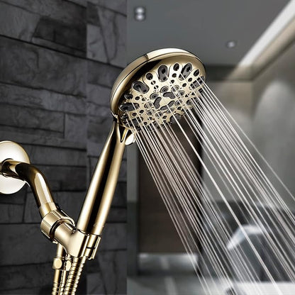 Handheld Shower Head, 6 Spray Setting High Pressure Shower Head with Brass Swivel Ball Bracket and Extra Long Stainless Steel Hose, Polished Brass, 5"