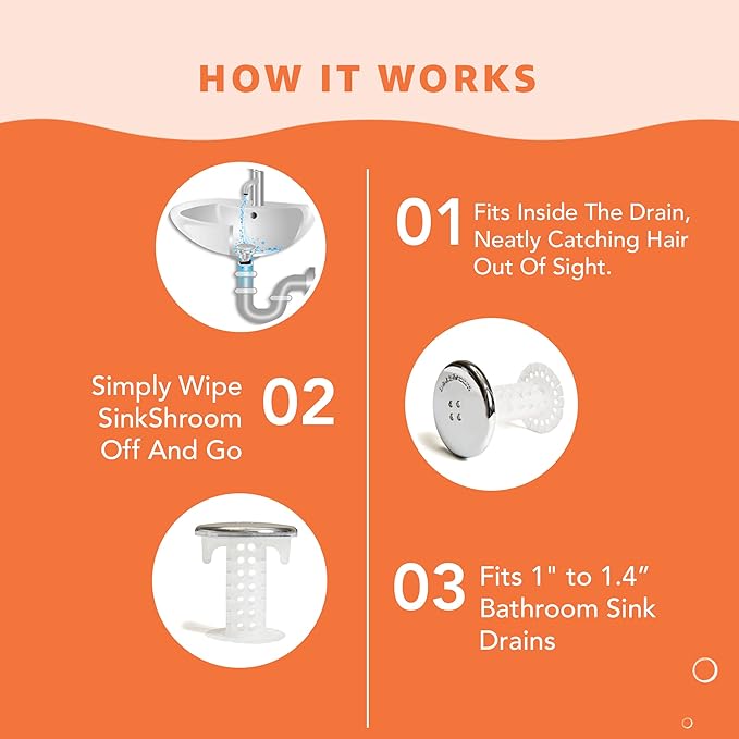 SinkShroom Revolutionary Bathroom Sink Drain Protector Hair Catcher, Strainer, Snare, Silicone , Brushed, Sinkshroom Chrome Edition, 1" -1.4"