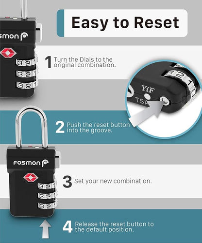 Fosmon TSA Approved Luggage Locks, Suitcase Travel Lock with Push Release Button for Extra Security, 3 Digit Combination Padlock for Gun Case Backpack Zipper Anti Theft Gym Locker - Black, 3 Pack