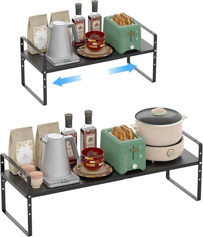 iPEGTOP Expandable Cabinet Storage Shelf Organizer Rack, Heavy Duty Cupboard Stand Spice Rack Adjustable Height Pantry Garage Shelf Space Riser for Counter Kitchen Organization, Black, 1 Pack