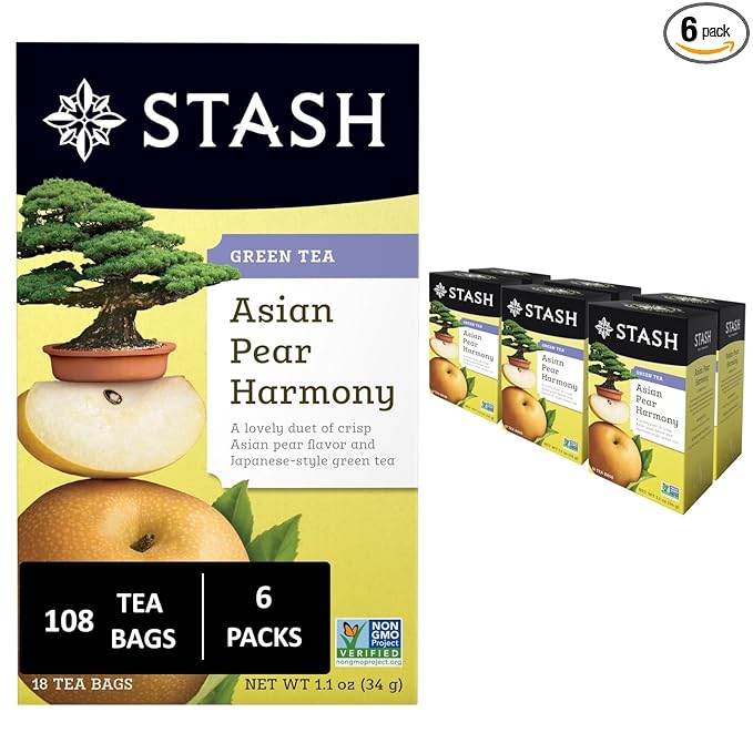 Stash Tea Asian Pear Harmony Green Tea - Caffeinated, Non-GMO Project Verified Premium Tea with No Artificial Ingredients, 18 Count (Pack of 6) - 108 Bags Total