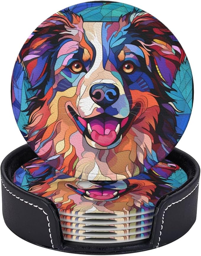 Australian Shepherd Stained Dog Breed Glass Art Leather Drinks Coasters
