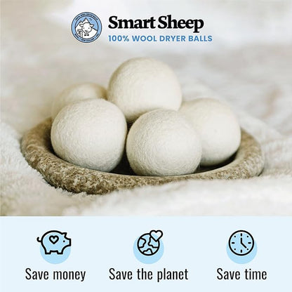 Smart Sheep Wool Dryer Balls - 6-Pack - XL Premium Natural Fabric Softener Award-Winning - Wool Balls Replaces Dryer Sheets - Wool Balls for Dryer - Laundry Balls for Dryer