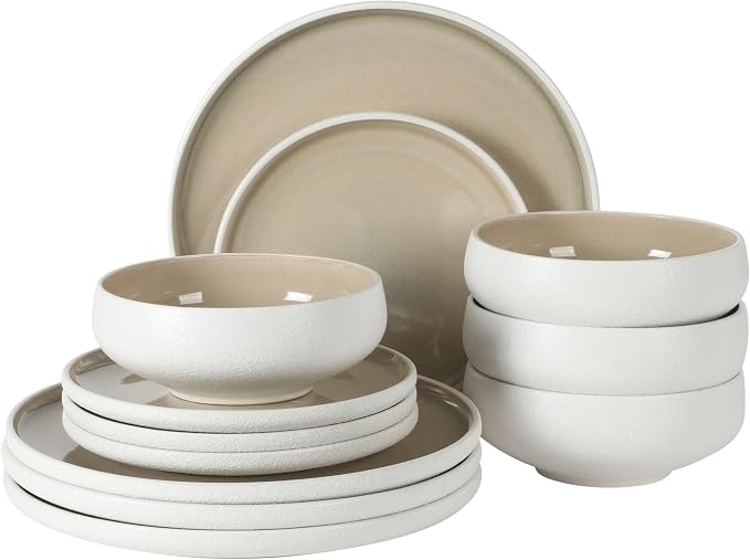 Gibson Elite Pacifco Beach Plates and Bowls Sets, 12-Piece Stoneware Dinnerware