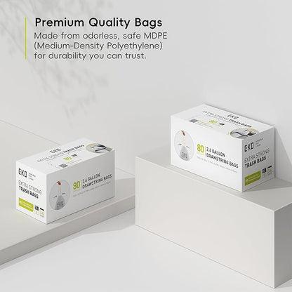 EKO 2.6 Gallon / 7-10 Liter, 80 Count Small Drawstring Trash Bags, Extra-Strong Unscented Garbage Bags, Easy-Dispense Roll for Kitchen & Household Use, Resists Tears, Leaks and Punctures, Code B White