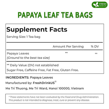 FreshDrinkUS, Premium 25 Papaya Leaf Tea Bags, 100% Natural & Pure from Papaya Leaves. Loose Leaf Herbal Tea. Made with Natural Material Tea Bags. No Sugar, No Caffeine, No Gluten, Vegan.