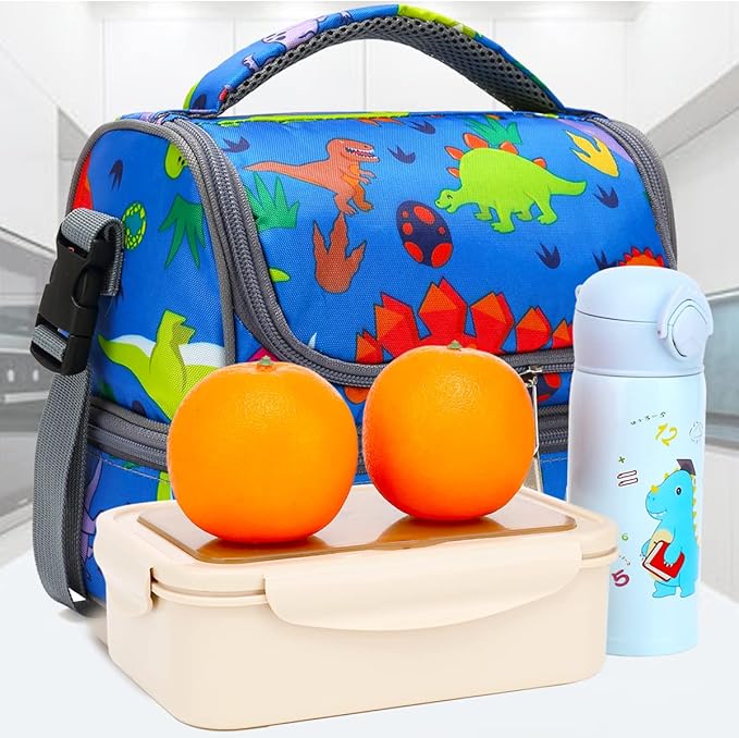 FlowFly Kids Double Decker Cooler Insulated Lunch Bag Large Tote for Boys, Girls, Men, Women, With Adjustable Strap, Dinosaur