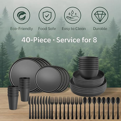 40 Piece RV & Camping Dinnerware Set, Elegant Ceramic-Look Large Bowls & Plates, Unbreakable & 100% Microwave Safe, Melamine Alternative Service for 8, Brown