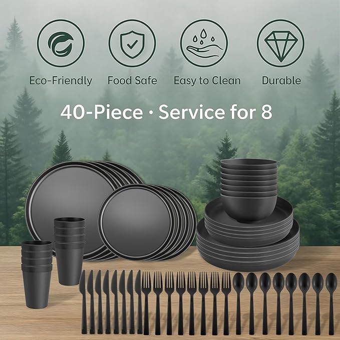 40 Piece RV & Camping Dinnerware Set, Elegant Ceramic-Look Large Bowls & Plates, Unbreakable & 100% Microwave Safe, Melamine Alternative Service for 8, Boho