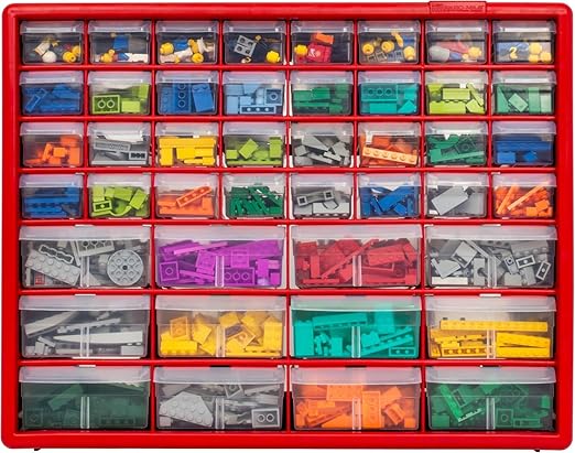 Akro-Mils 44-Drawer Plastic Drawer Storage Cabinet for Garage Organization, Bead Organizer, Building Bricks Storage, Teacher Toolbox, Makeup Organizer, 20" W x 6" D x 16" H, 10144 Red